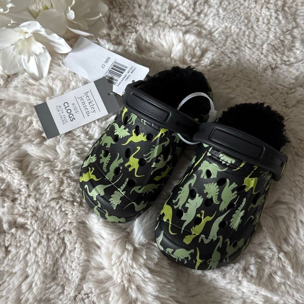 Berkley Jensen Toddler Faux Fur Lined Clogs Dinosaur Black Size C7